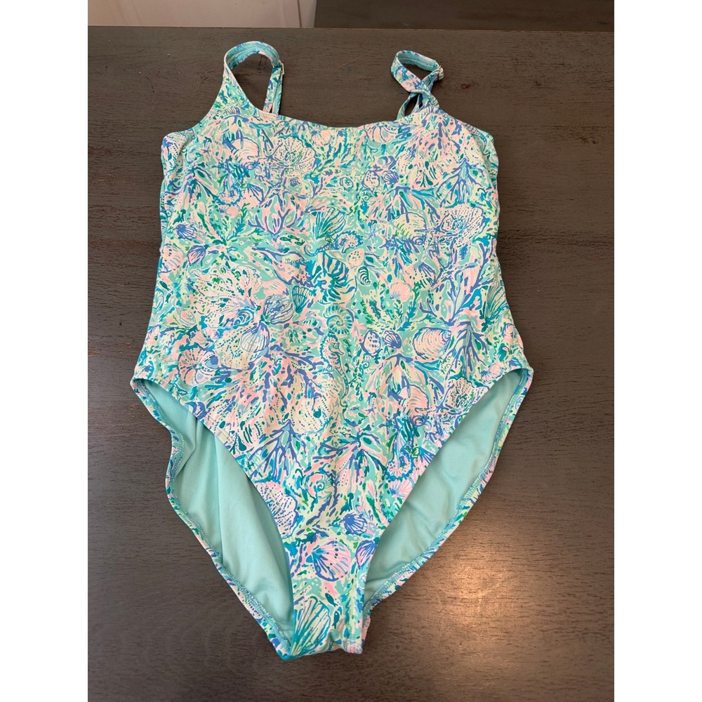 Lilly Pulitzer Girls Size 16 One Piece Swimsuit Blue Pink Coral Shell Print
